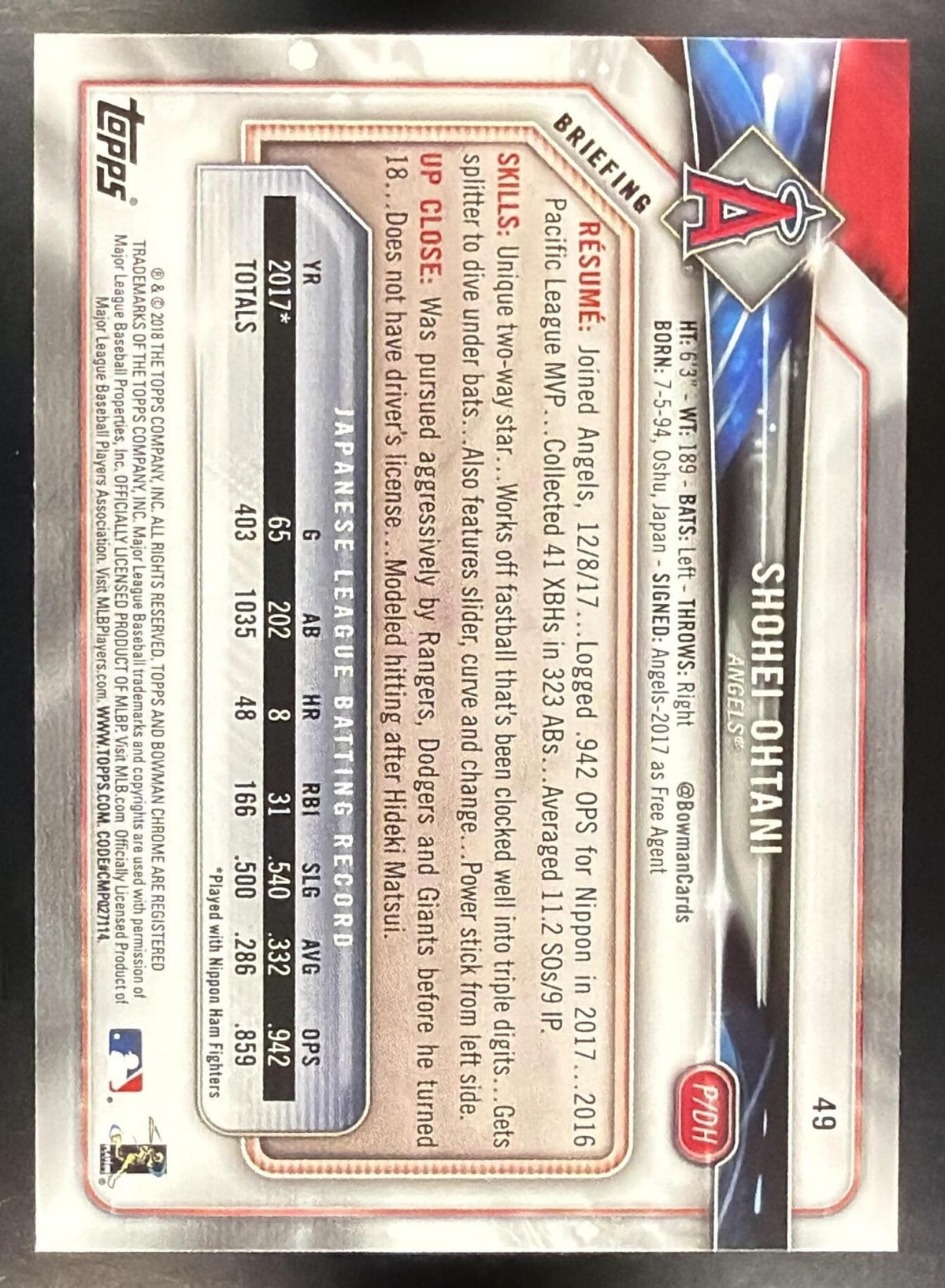 2018 Bowman Shohei Ohtani #49 RC