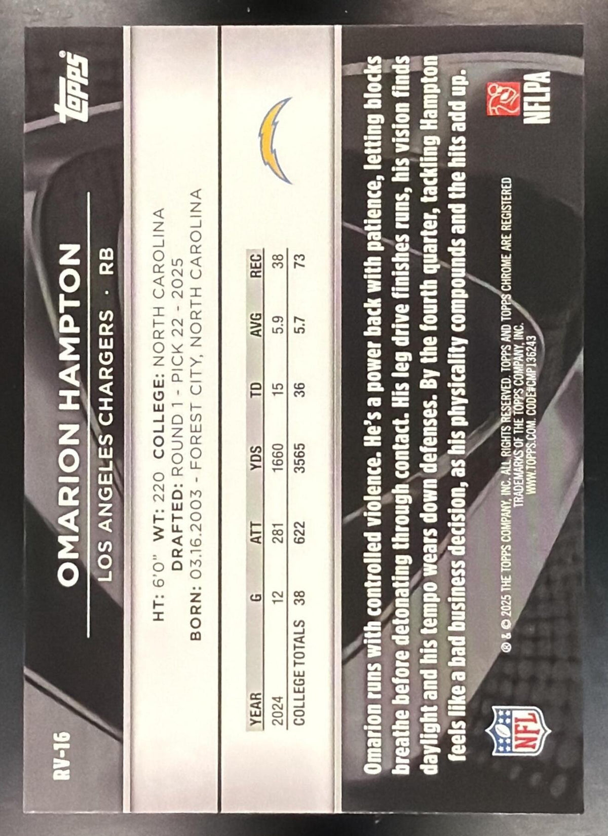 2025 Topps Chrome Black Omarion Hampton #RV-16 Rookie Design Variation Gold Refractor 40/50 RC