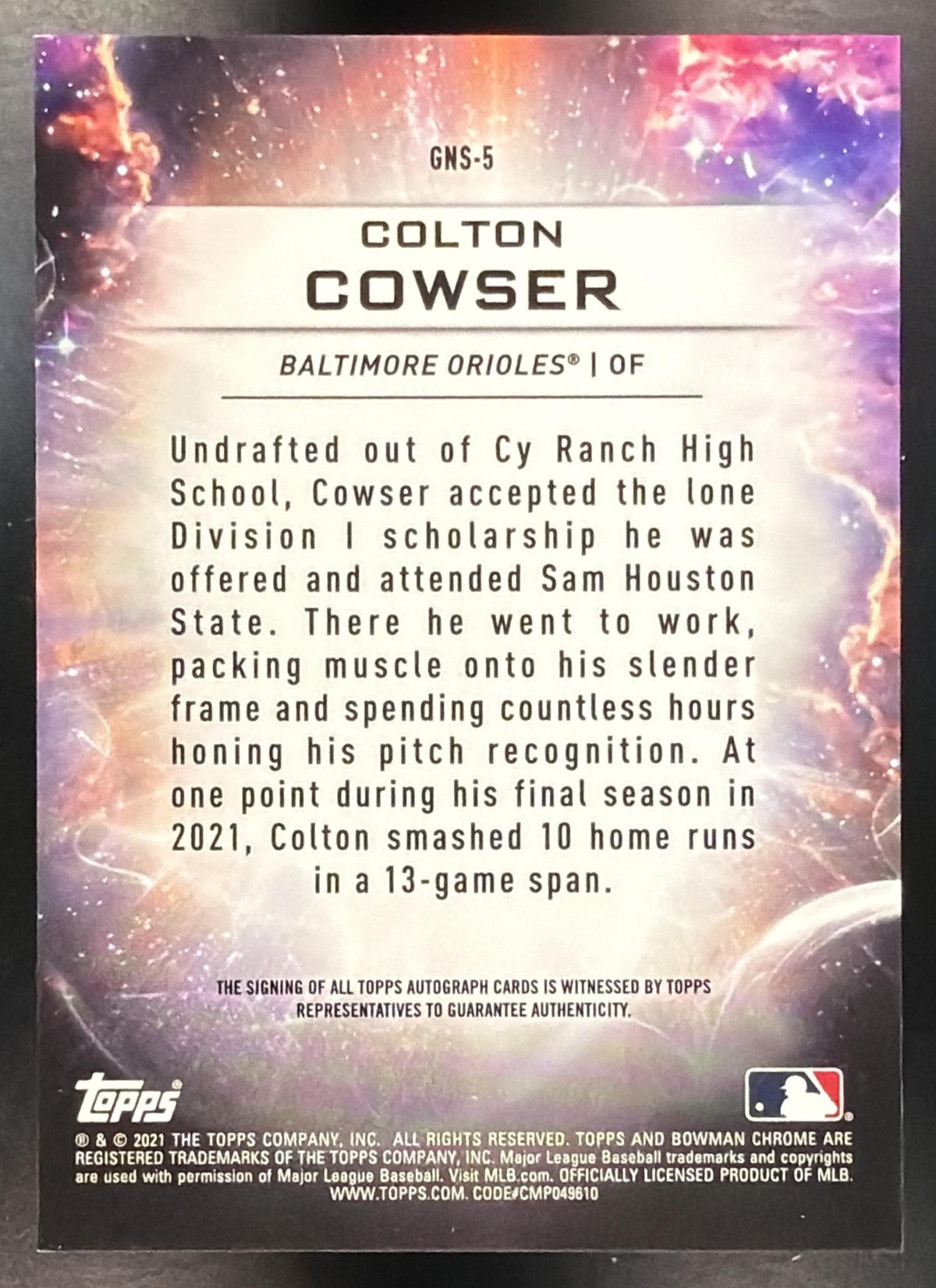 2021 Bowman Draft Colton Cowser #GNS-5 Genesis Auto 87/99 RC