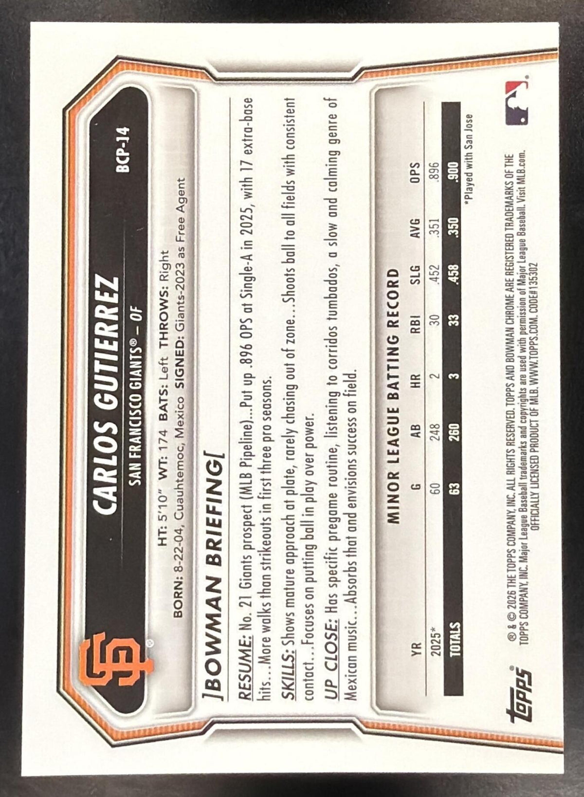 2026 Bowman Sapphire Baseball Carlos Gutierrez #BCP-14 1st Red 1/5
