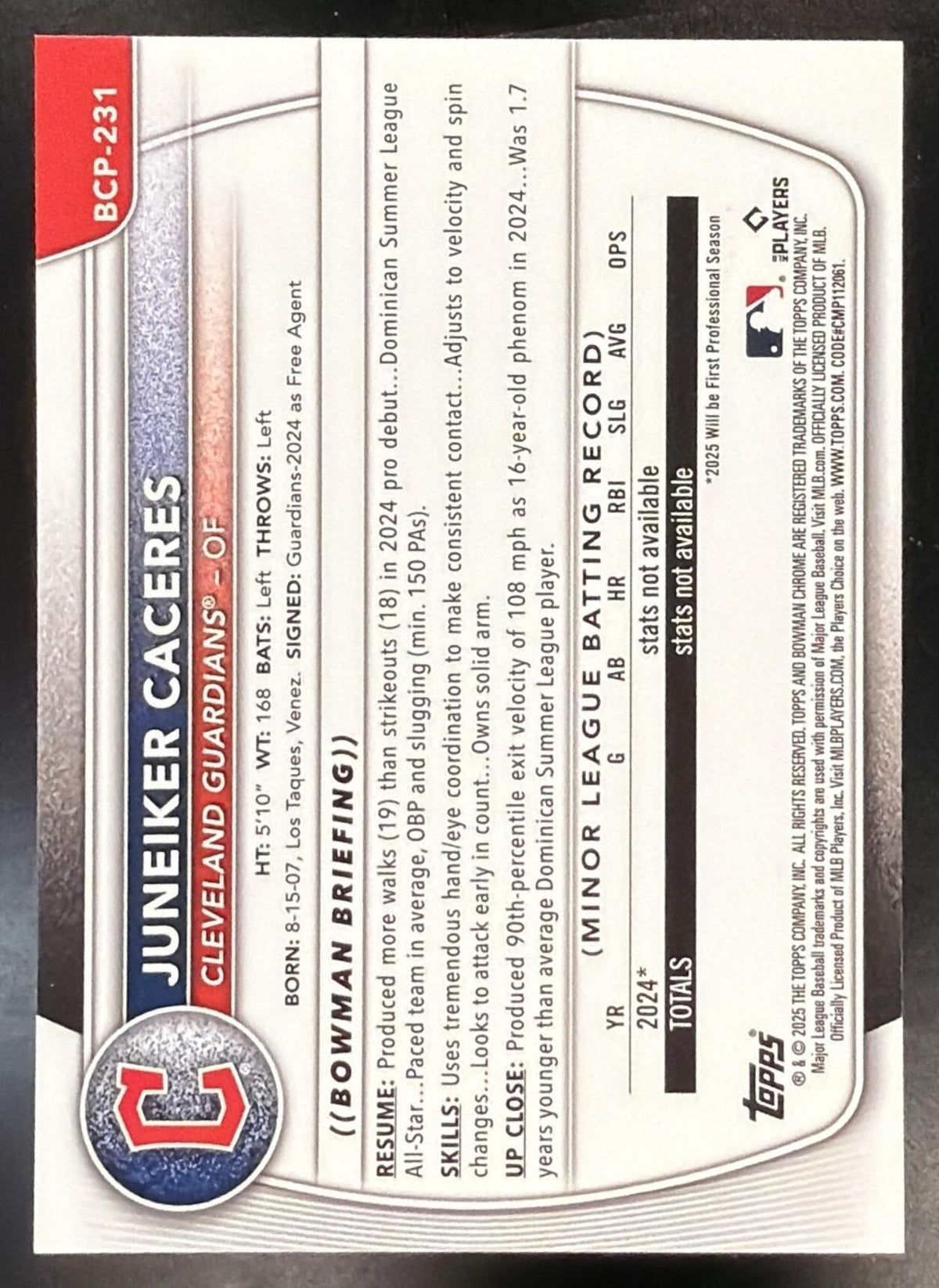 2025 Bowman Chrome Juneiker Caceres #BCP-231 Green Refractor 74/99 1st Prospect