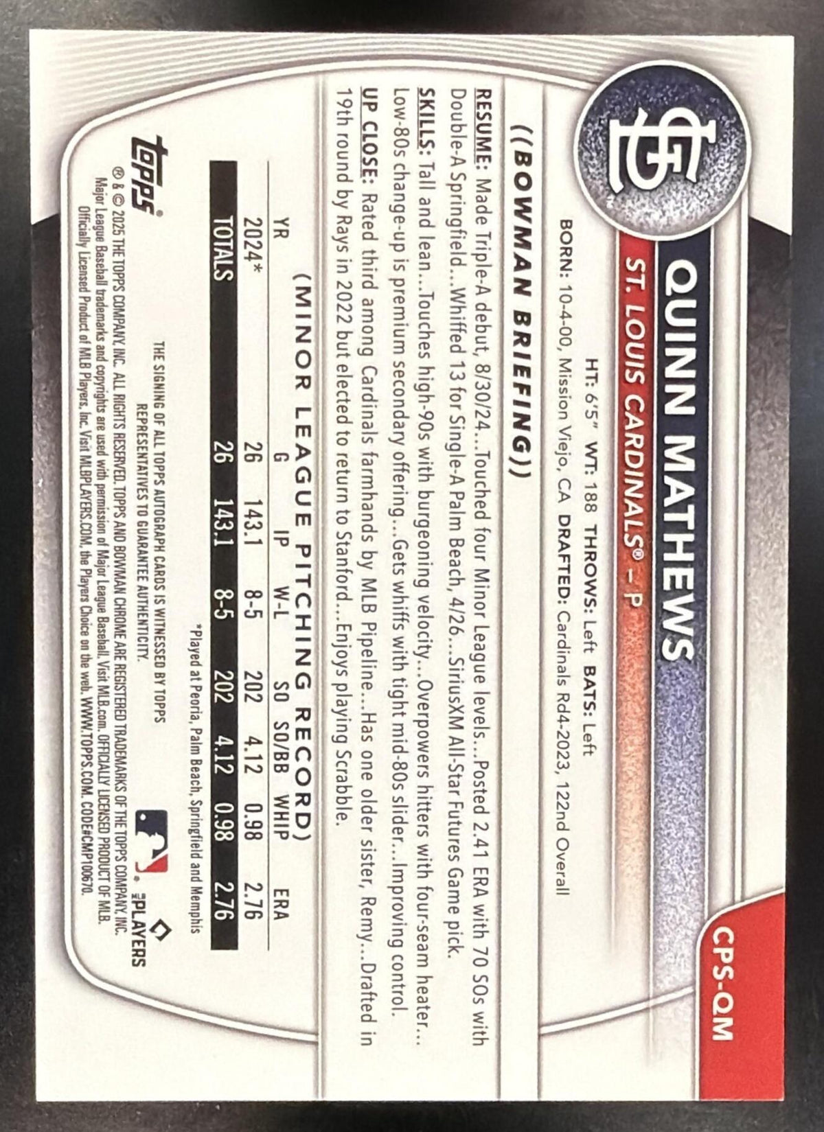 2025 Bowman Sapphire Quinn Mathews #CPS-QM Chrome Auto 41/199 1st Prospect