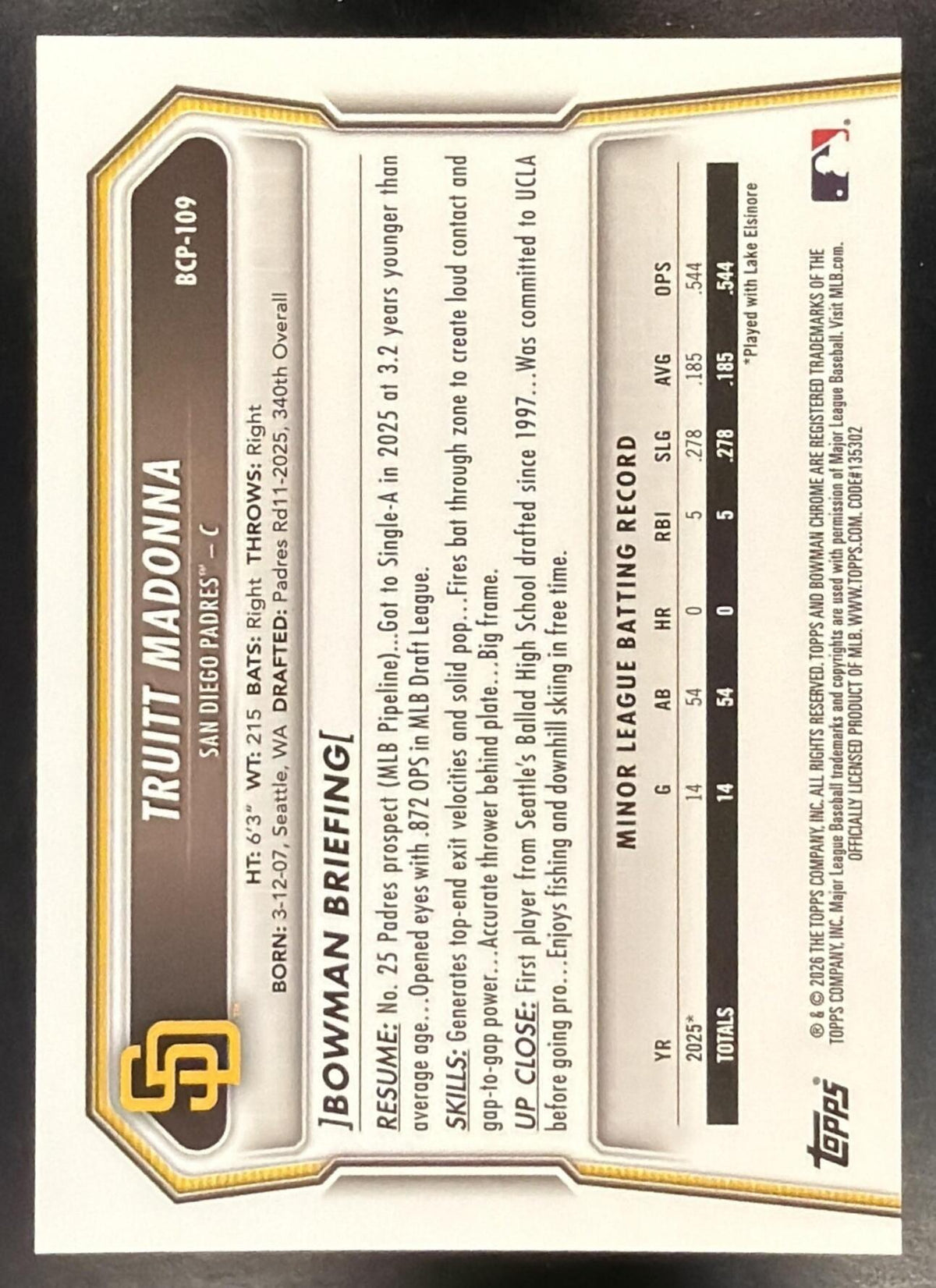 2026 Bowman Sapphire Truitt Madonna #BCP-109 Chrome 1st Red 2/5 Prospect