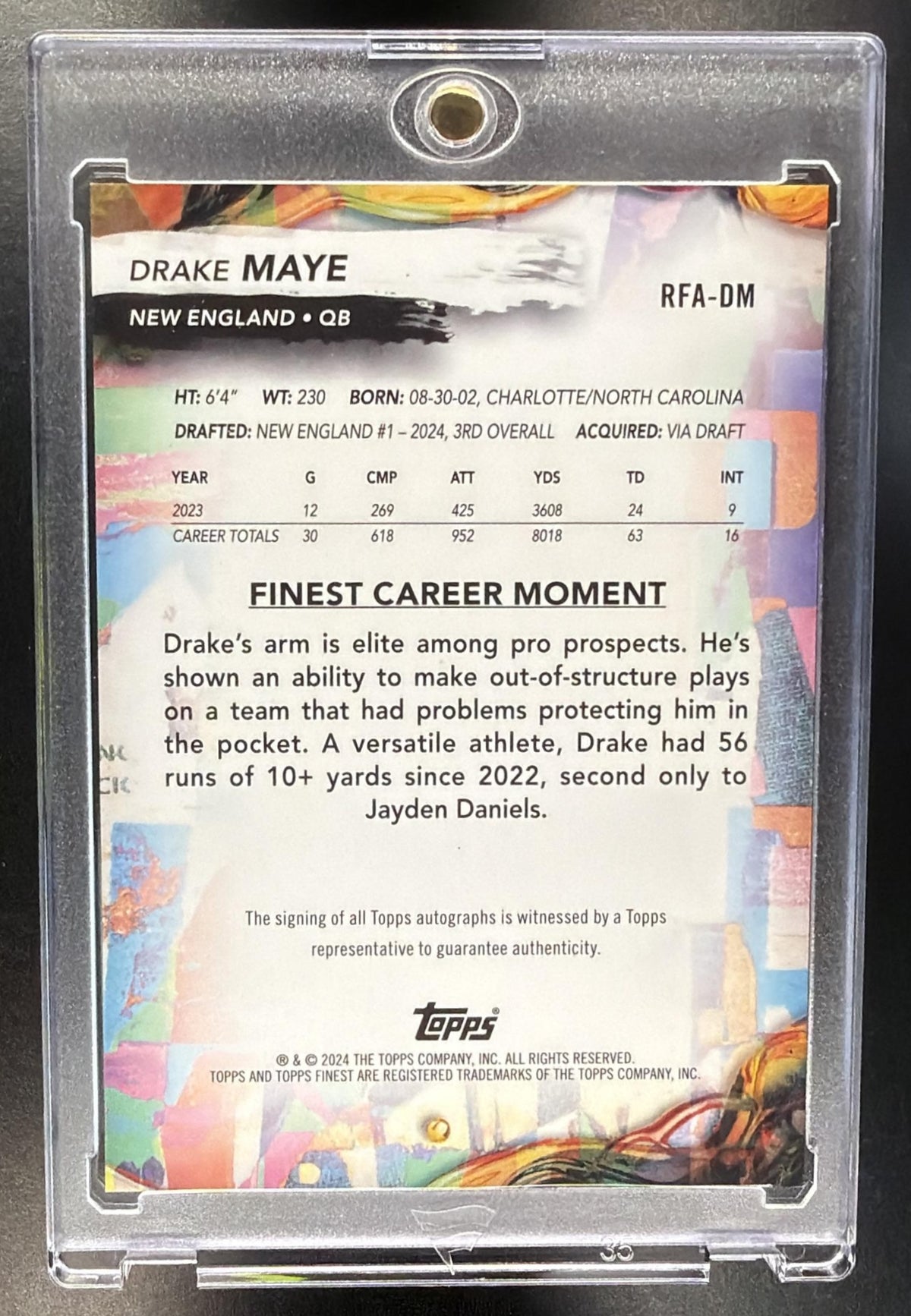 2024 Topps Finest Drake Maye #RFA-DM Rookie Auto Blue Checkerboard Refractor /99 RC