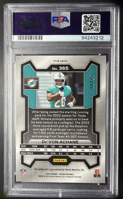 2023 Panini Prizm De'Von Achane #365 Rookie Auto Camo 10/25 RC PSA