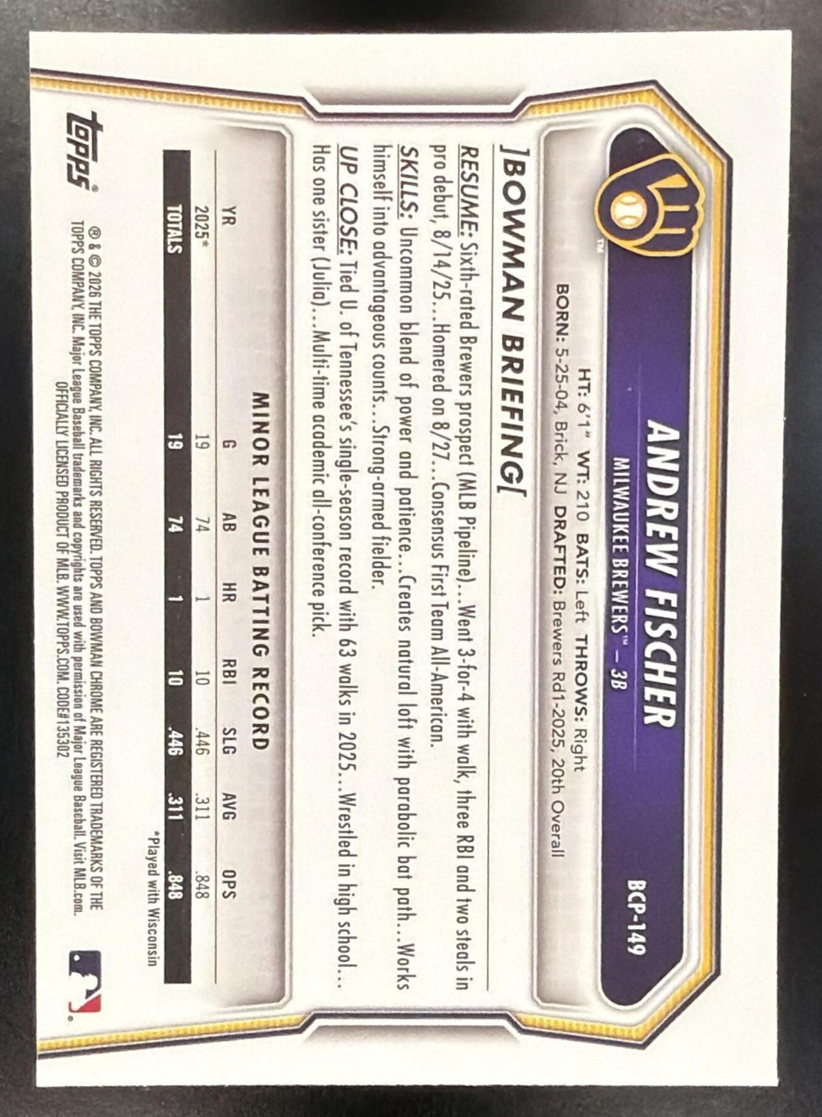 2026 Bowman Andrew Fischer #BCP-149 Chrome Yellow X-Fractor 54/75 1st Prospect