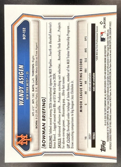 2026 Bowman Chrome Wandy Asigen #BCP-152 Gold Geometric Refractor 24/50 1st Prospect Mets