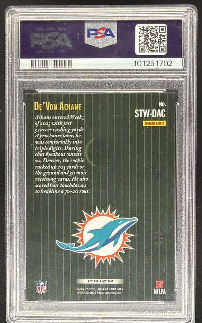 2023 Panini Select De'Von Achane #STW-DAC Score Throwback Snakeskin /2 RC PSA 8