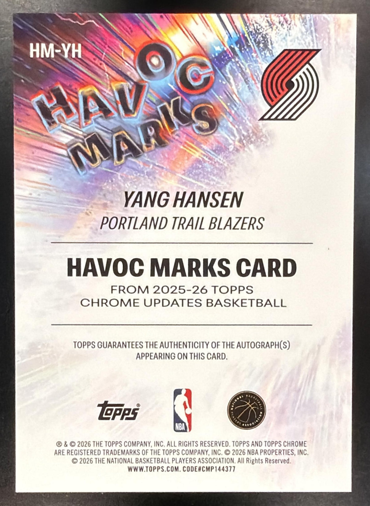 2025-26 Topps Chrome Update Sapphire Yang Hansen #HM-YH Havoc Marks Auto RC