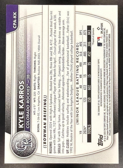 2025 Bowman Chrome Baseball Kyle Karros #CPA-KK 1st Yellow Refractor Auto 74/75