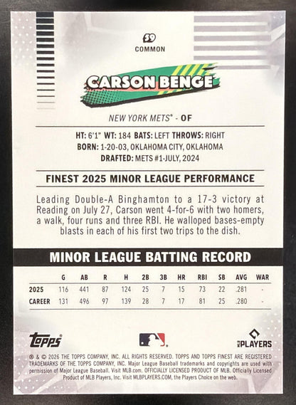2026 Topps Finest Baseball Carson Benge #59 Orange Geometric 22/25 RC