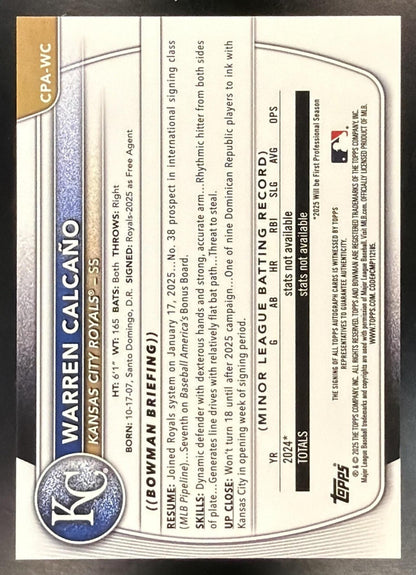 2025 Bowman Chrome Warren Calcano #CPA-WC Auto Yellow Refractor 30/75 1st Prospect