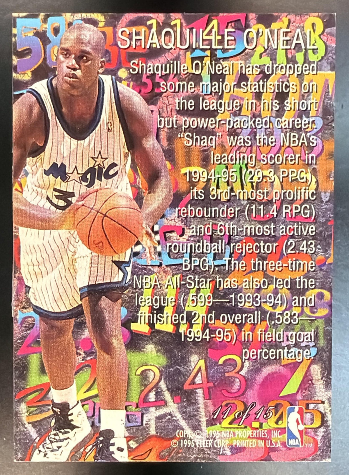 1995-96 Fleer Flair Shaquille O'Neal 11 of 15 Hot Numbers Insert