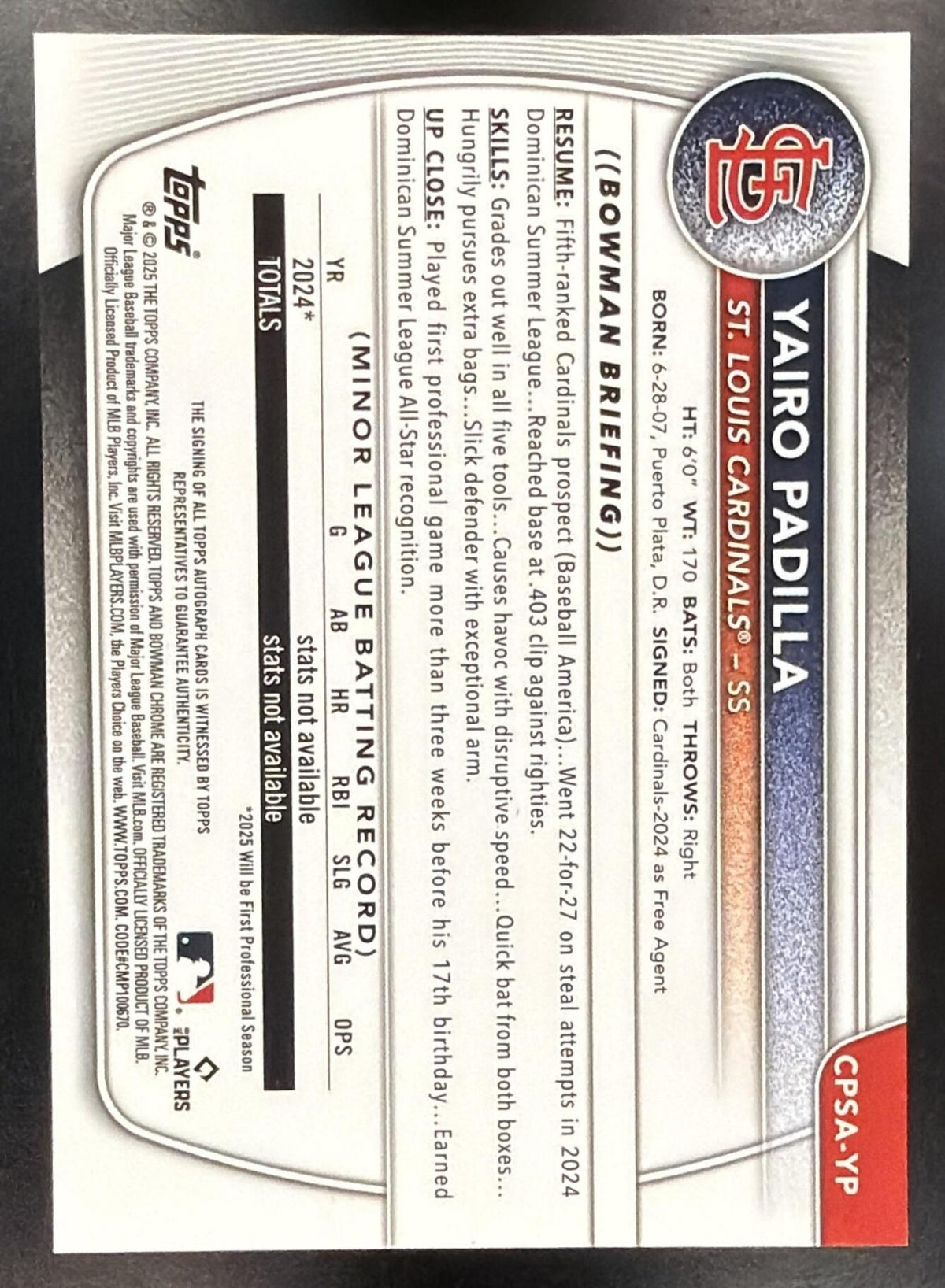 2025 Bowman Chrome Sapphire Yairo Padilla #CPSA-YP Auto Green Refractor /99 1st Prospect
