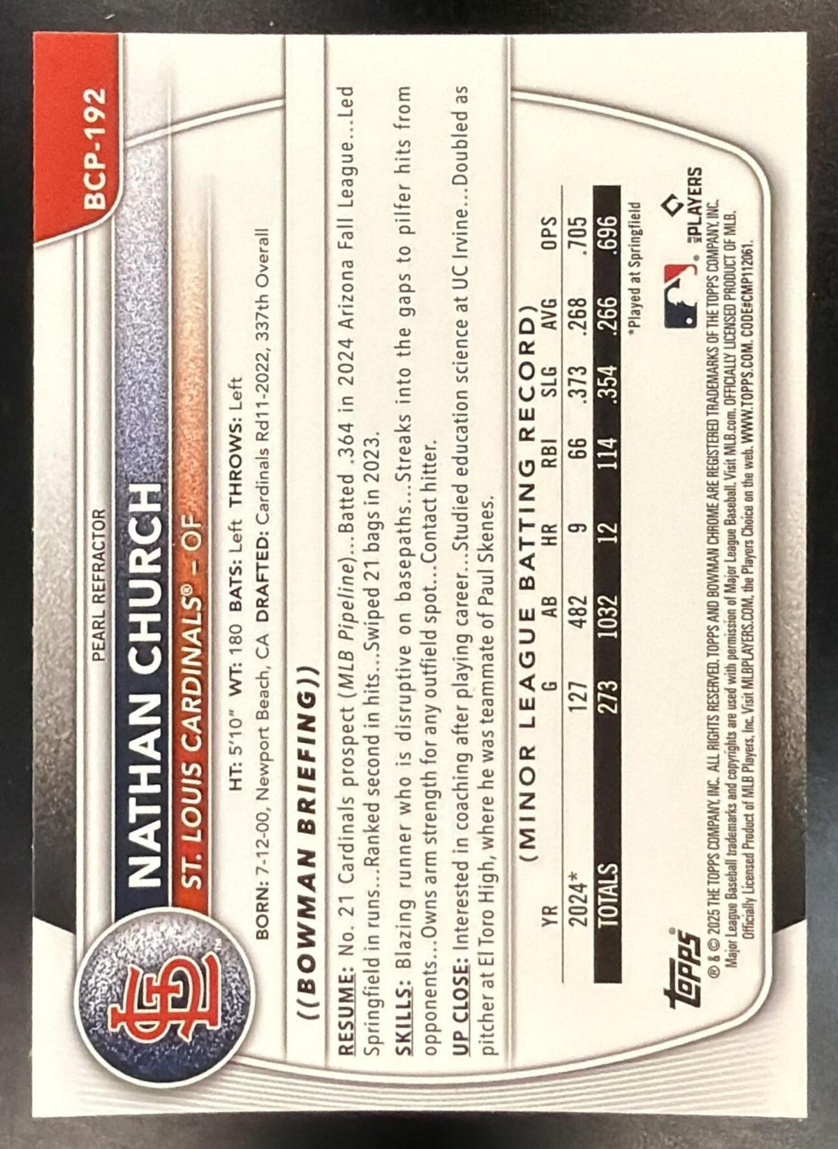 2025 Bowman Chrome Nathan Church #BCP-192 Pearl Refractor 1st Prospect