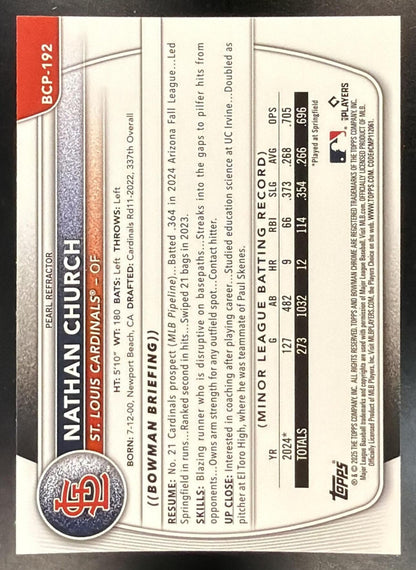 2025 Bowman Chrome Nathan Church #BCP-192 Pearl Refractor 1st Prospect