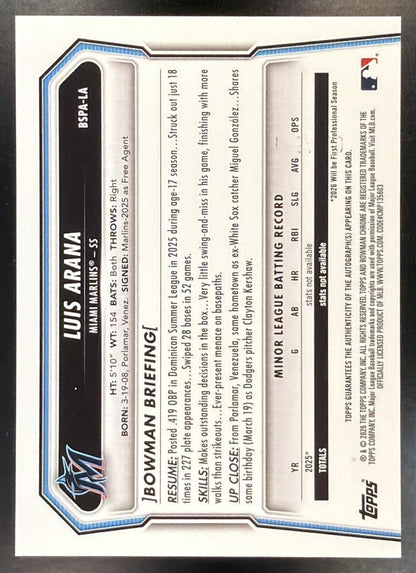 2026 Bowman Sapphire Luis Arana #BSPA-LA Chrome Auto 194/199 1st Prospect Marlins