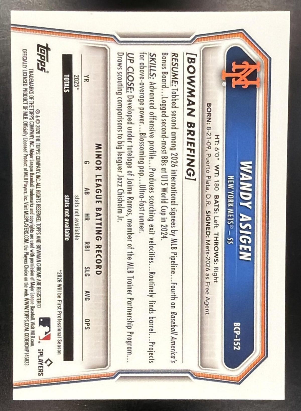 2026 Bowman Chrome Wandy Asigen #BCP-152 Orange Geometric Refractor /25 1st Prospect