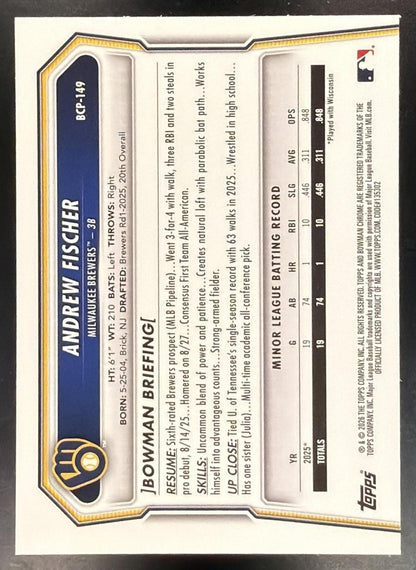 2026 Bowman Sapphire Andrew Fischer #BCP-149 Chrome 1st Prospect