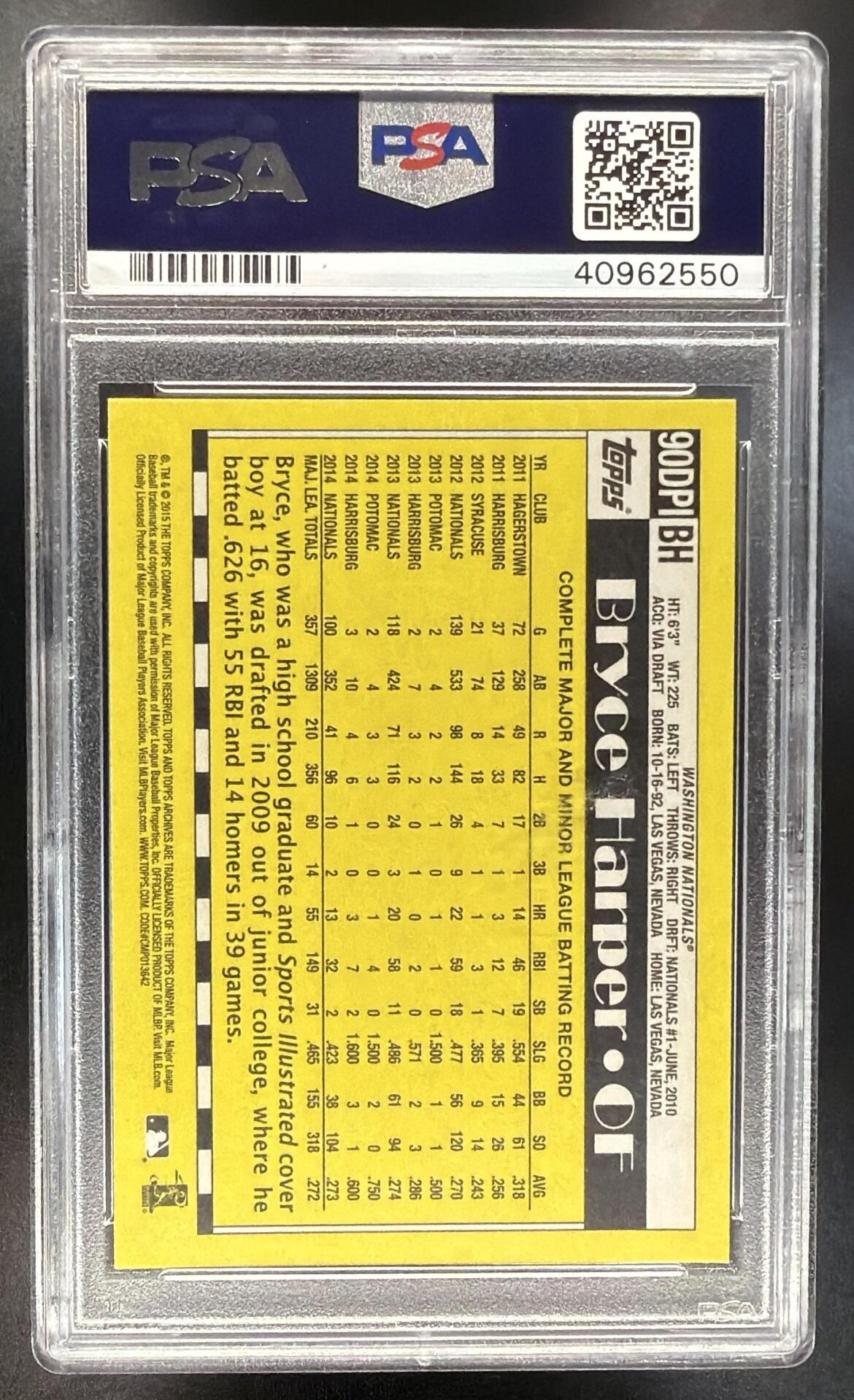2015 Topps Achives Bryce Harper 1990 #1 Draft Picks PSA 10