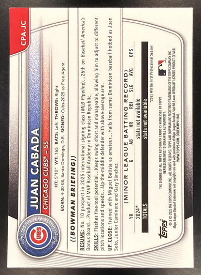 2025 Bowman Baseball Juan Cabada #CPA-JC 1st Green Lava Refractor 74/99
