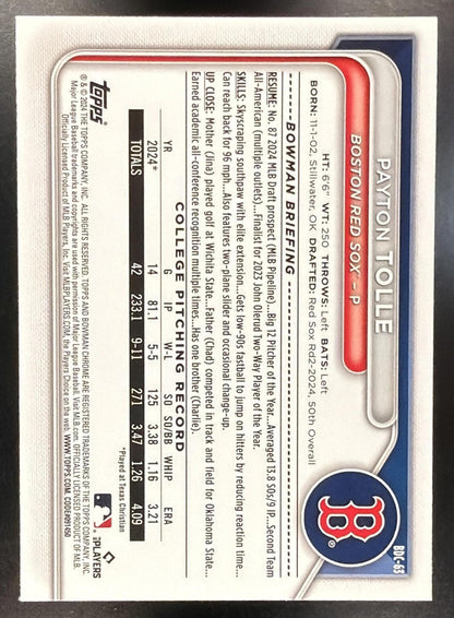 2024 Bowman Draft Payton Tolle #BDC-63 Chrome Yellow Lunar Refractor /75 1st Prospect
