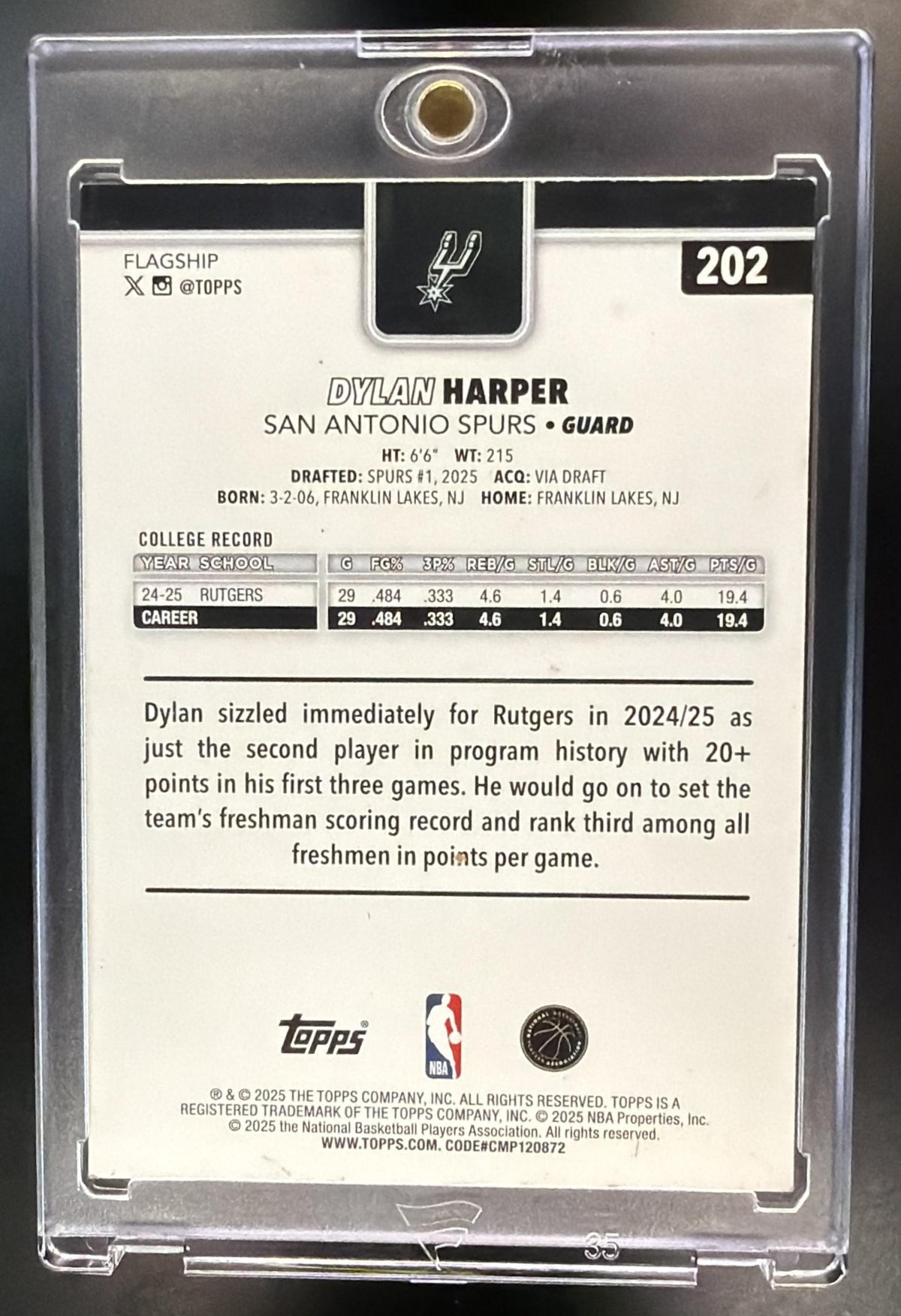 2025-26 Topps Dylan Harper #202 Gold 5/2025 RC DMG