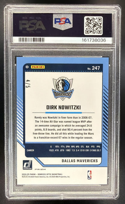 2024 Panini Donruss Optic Dirk Nowitzki #247 Green Glitter Prizm /5 Legend PSA 9