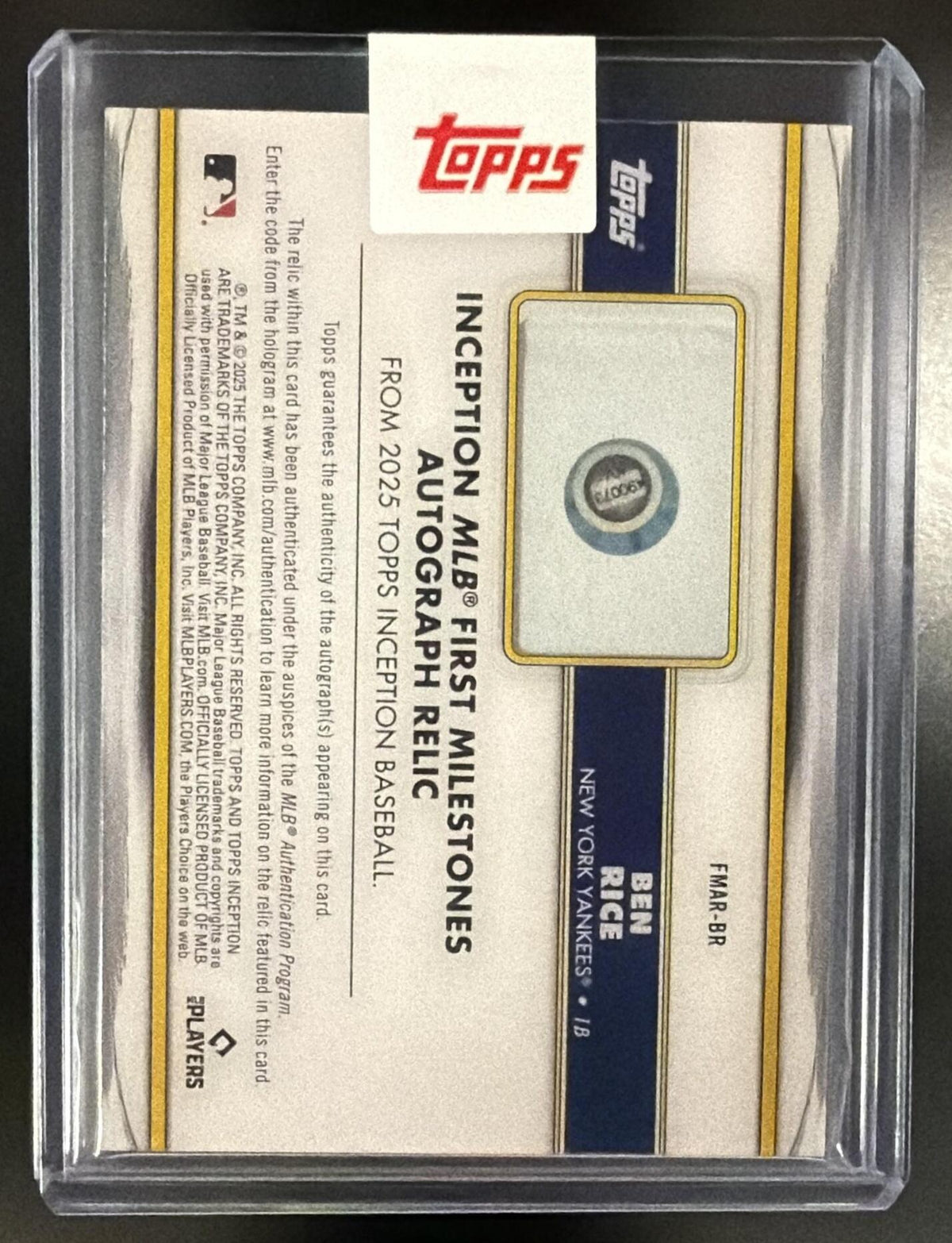 2025 Topps Inception Ben Rice #FMAR-BR MLB First Milestone Auto Relics Blue /25 Base RC
