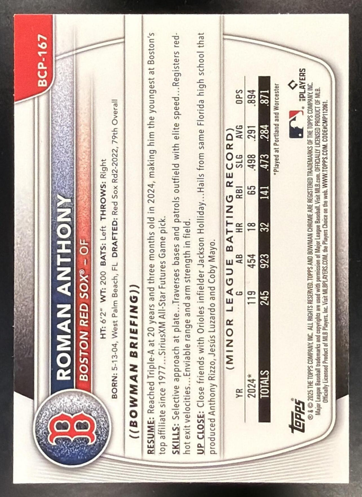 2025 Bowman Chrome Sapphire Roman Anthony #BCP-167 Prospects Yellow Refractor 49/75