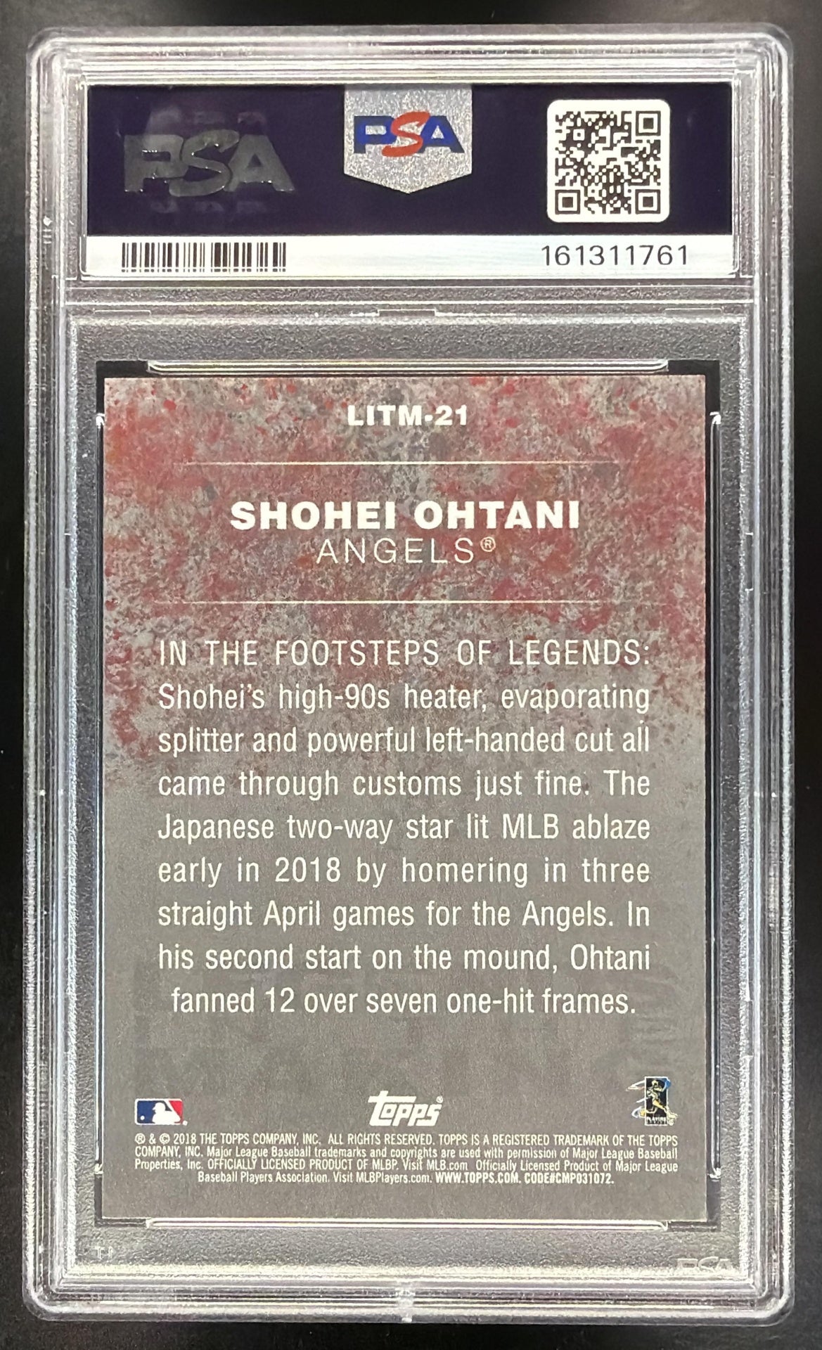 2018 Topps Update Shohei Ohtani #LITM-21 Legends in the Making RC PSA 9