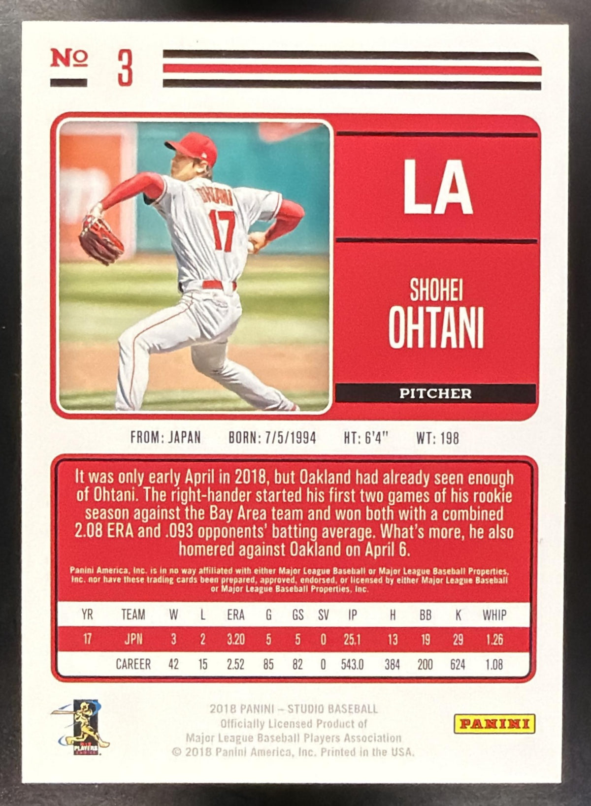 2018 Panini Chronicles Shohei Ohtani #3 Studio RC