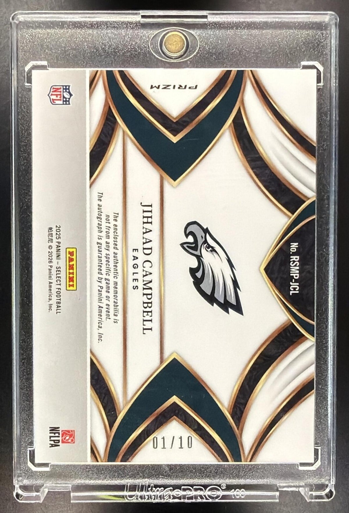 2025 Panini Select Jihaad Campbell #RSMP-JCL Rookie Signature Memorabilia Disco Gold Prizm /10 RC Auto