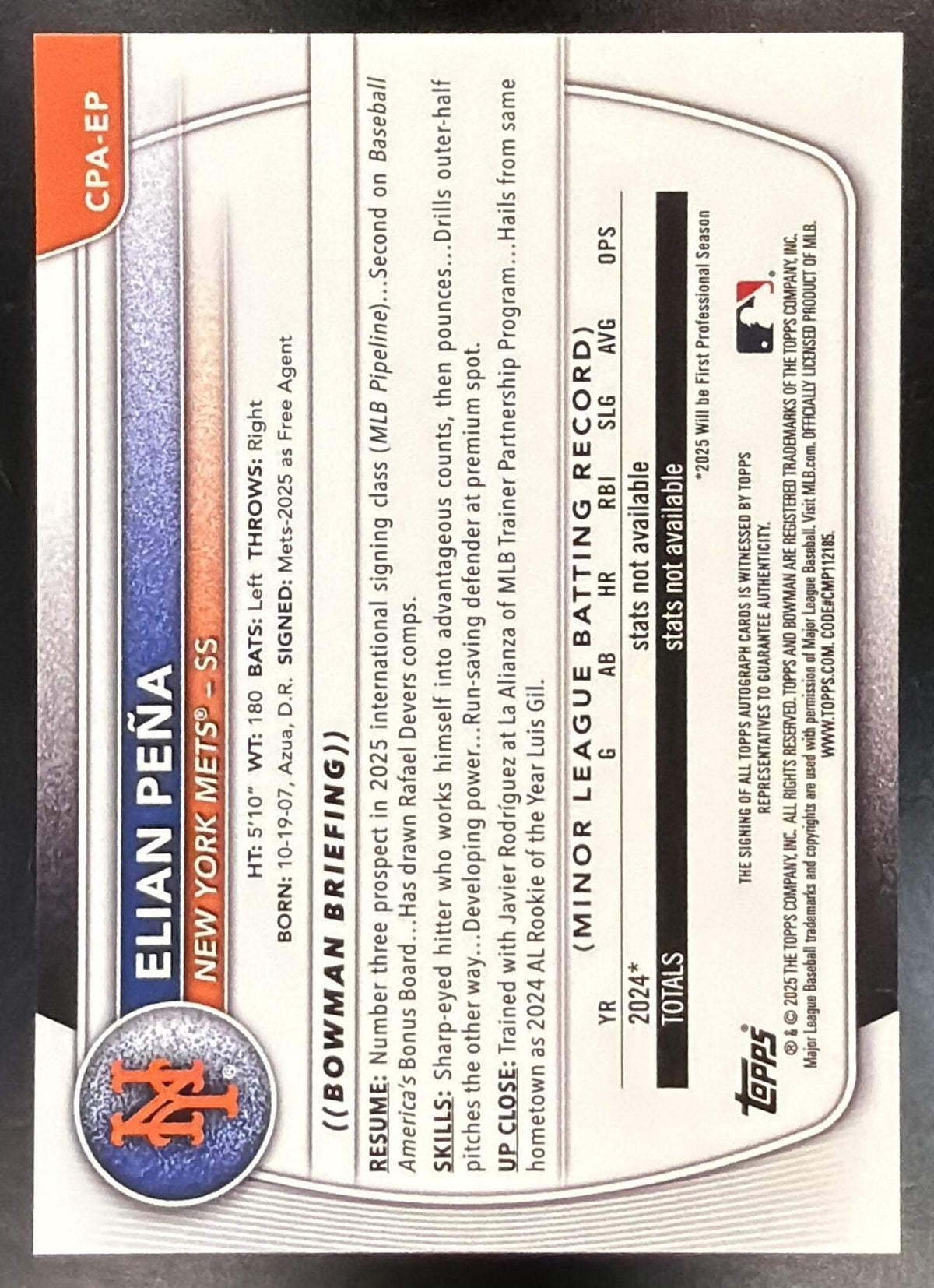 2025 Bowman Chrome Elian Pena #CPA-EP Auto 1st Prospect