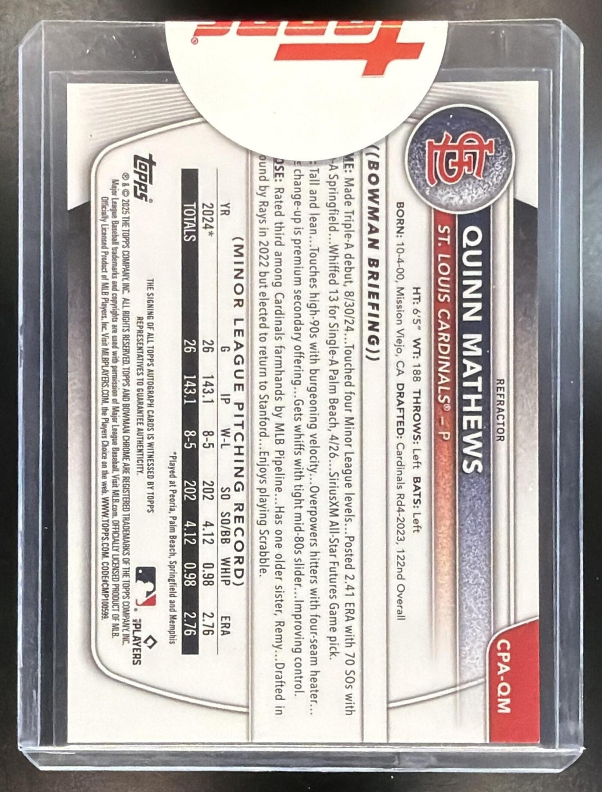 2025 Bowman Quinn Mathews #CPA-QM Chrome Auto Refractor 14/499 1st Prospect