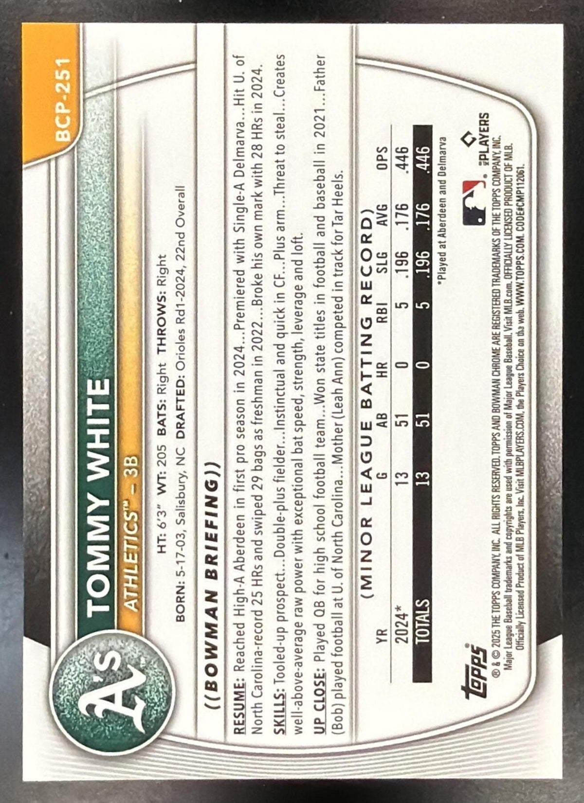 2025 Bowman Chrome Tommy White #BCP-251 Gold Wave Refractor 23/50 1st Prospect