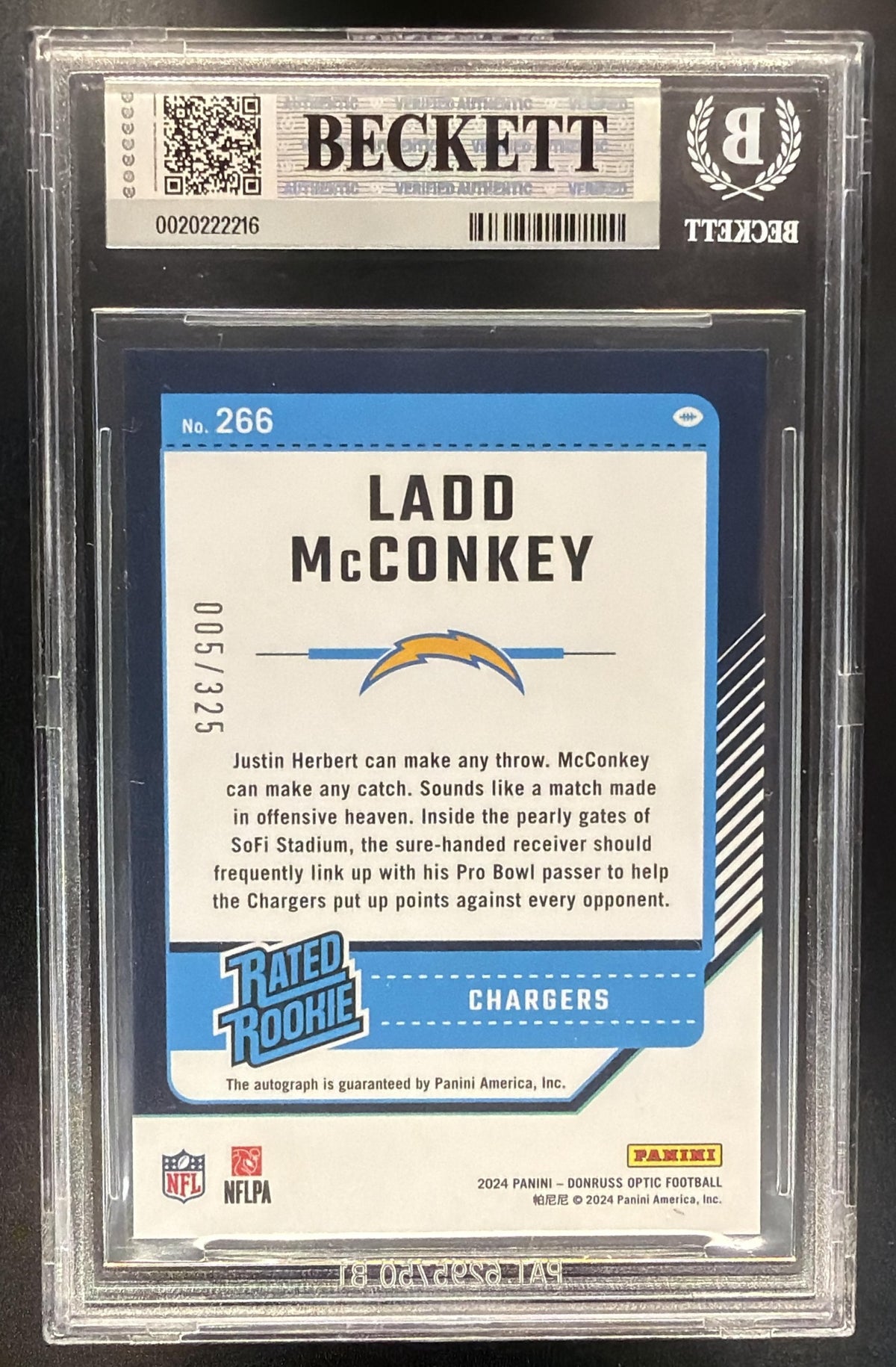 2024 Panini Donruss Optic Ladd McConkey #266 Rated Rookie RPS Auto 5/325 BGS 9