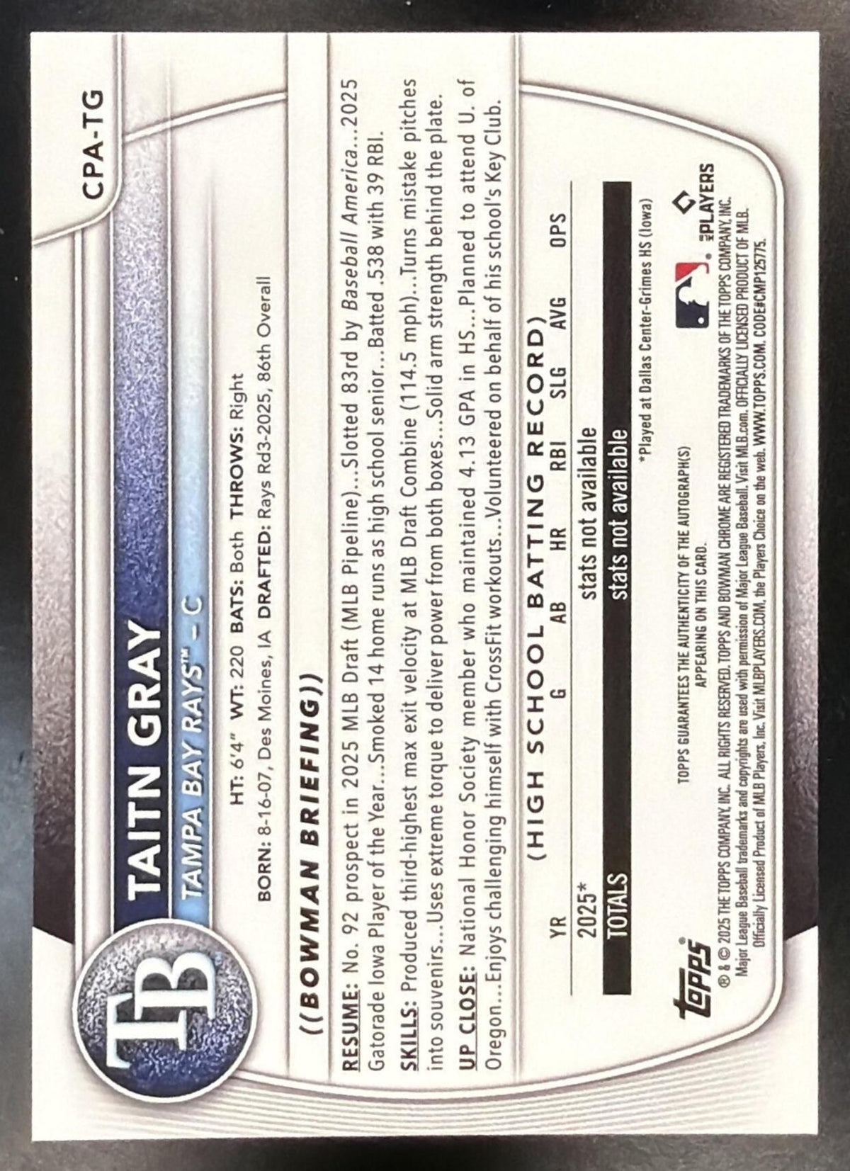 2025 Bowman Draft Taitn Gray #CPA-TG Chrome Auto 1st Prospect