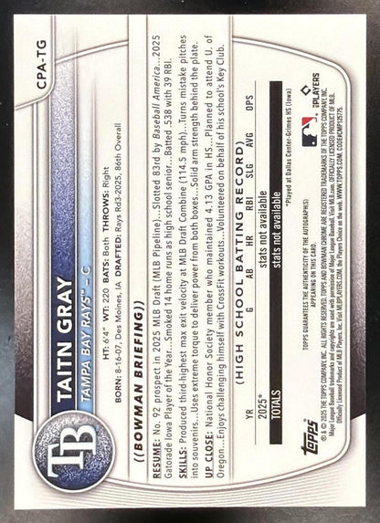 2025 Bowman Draft Taitn Gray #CPA-TG Chrome Auto 1st Prospect