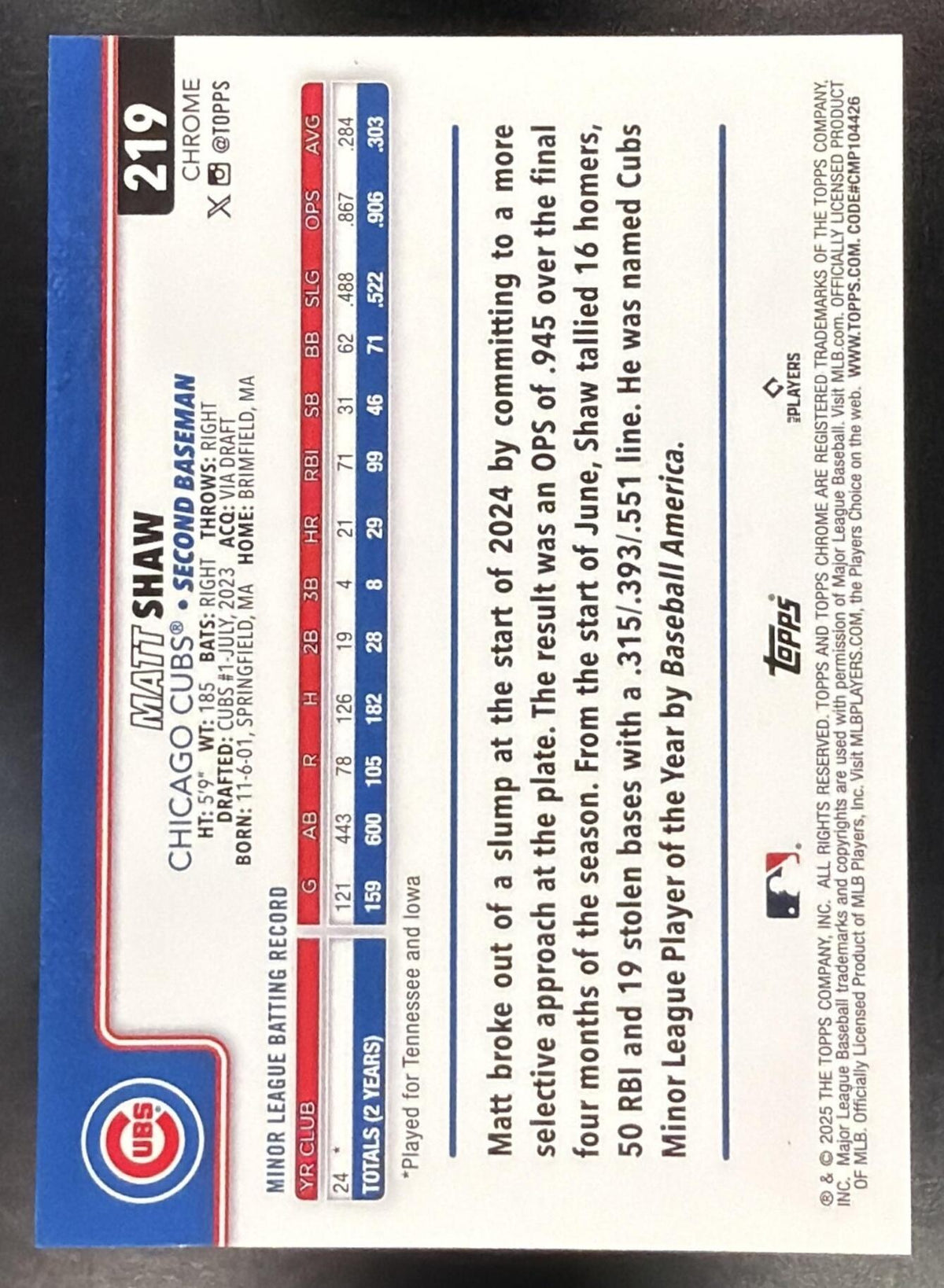 2025 Topps Chrome Sapphire Matt Shaw #219 Orange Refractor 24/25 RC
