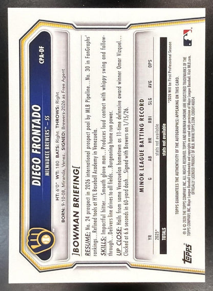 2026 Bowman Chrome Diego Frontado #CPA-DF Auto Speckle Refractor 132/299 1st Prospect