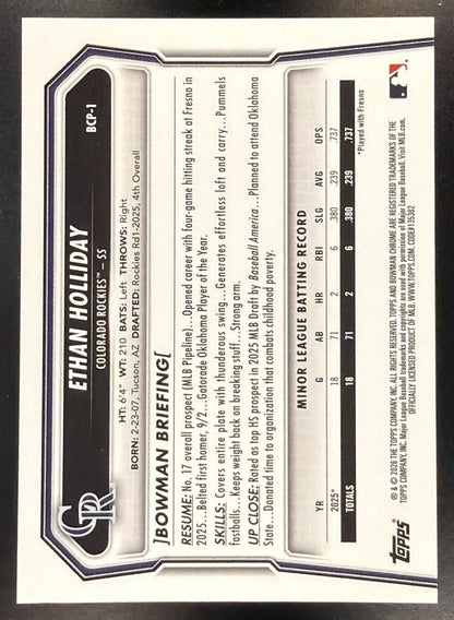 2026 Bowman Sapphire Baseball Ethan Holliday #BCP-1 1st Green 90/99