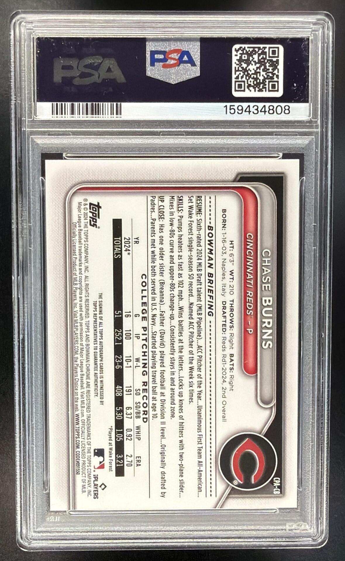 2024 Bowman Draft Chase Burns #CPA-CB Chrome Auto 1st Prospect PSA 10