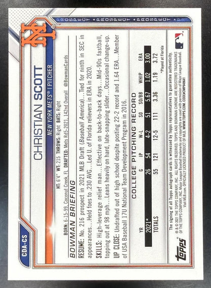 2021 Bowman Draft Christian Scott #CDA-CS 1st Auto Aqua Lava Refractor 097/199
