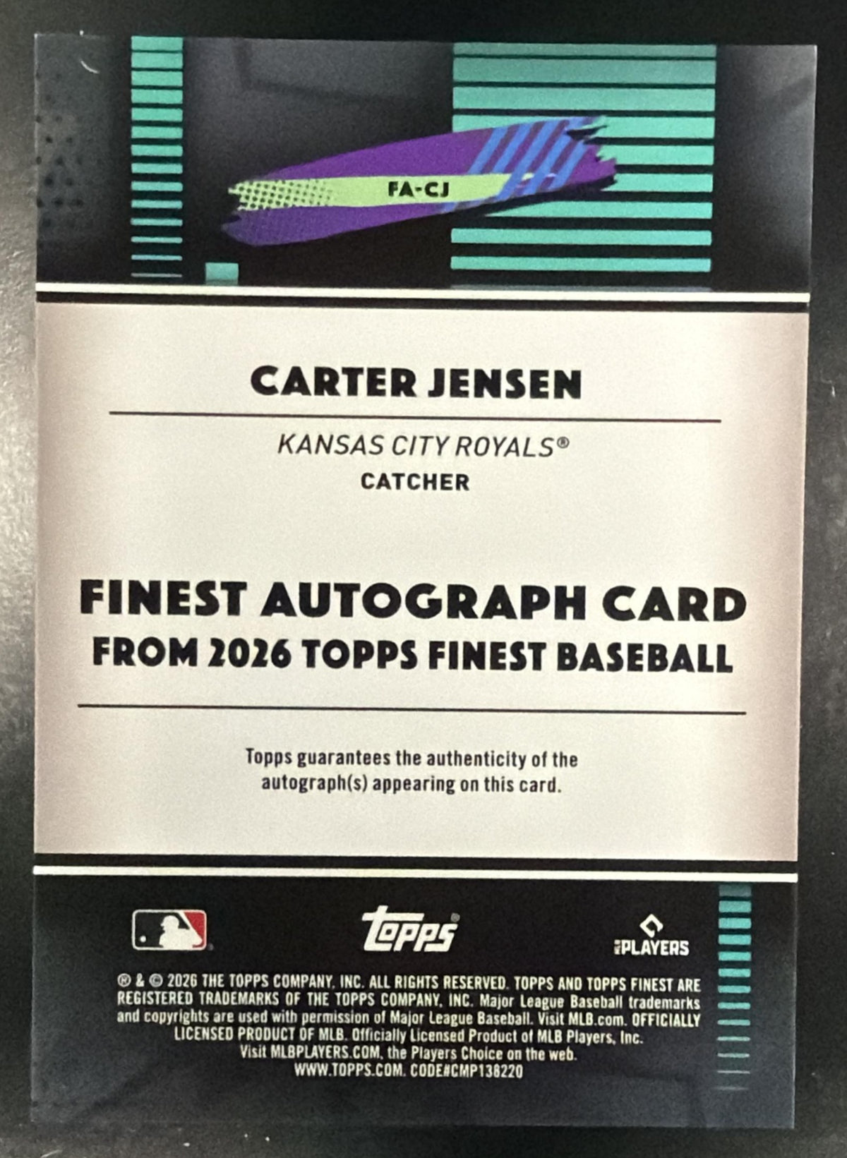 2026 Topps Finest Carter Jensen #FA-CJ Auto Green Refractor 55/99 RC