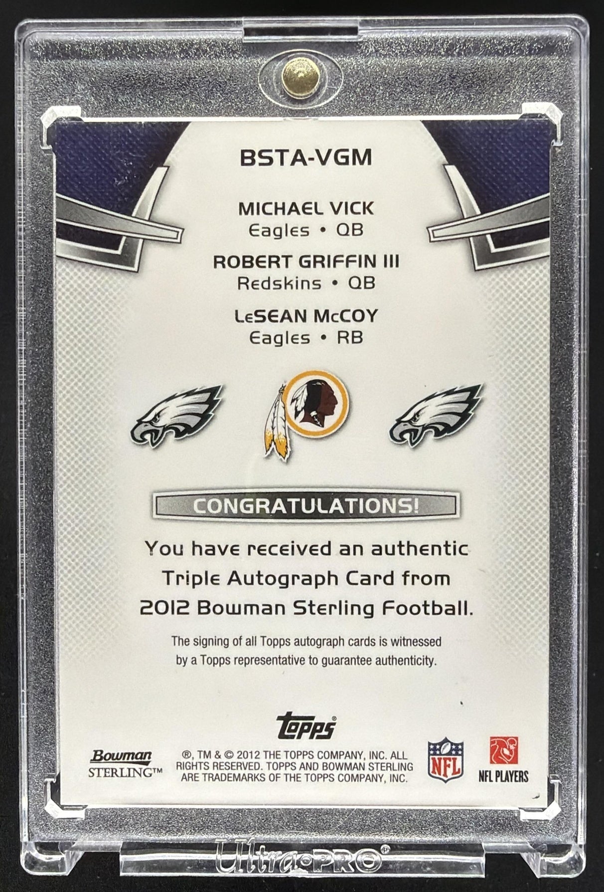 2012 Bowman Sterling LeSean McCoy Michael Vick Robert Griffin III #BSTAVGM Triple Auto /10