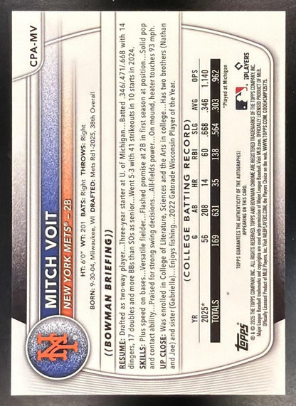 2025 Bowman Draft Mitch Voit #CPA-MV Chrome Auto 1st Prospect Mets
