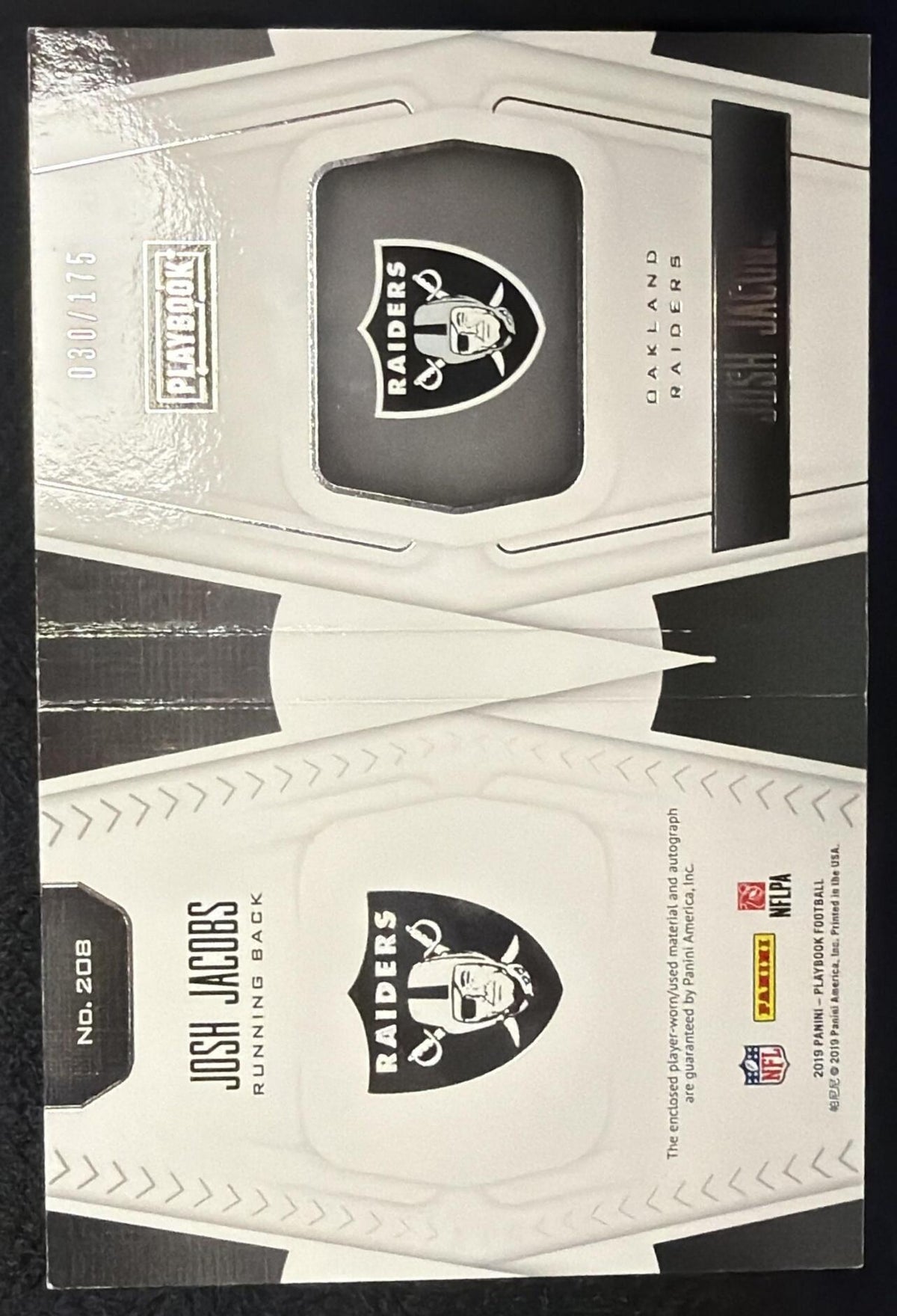 2019 Panini Playbook Josh Jacobs #208 30/175 RC Booklet Rookie Patch Auto