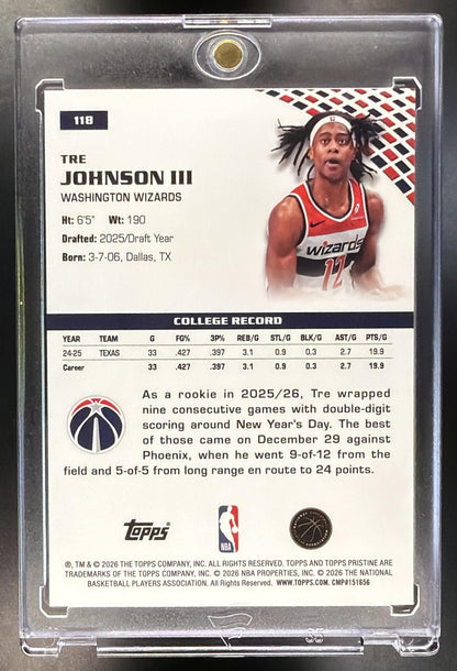 2025-26 Topps Pristine Tre Johnson III #118 RC 1st Day Issue 3/6 Pink