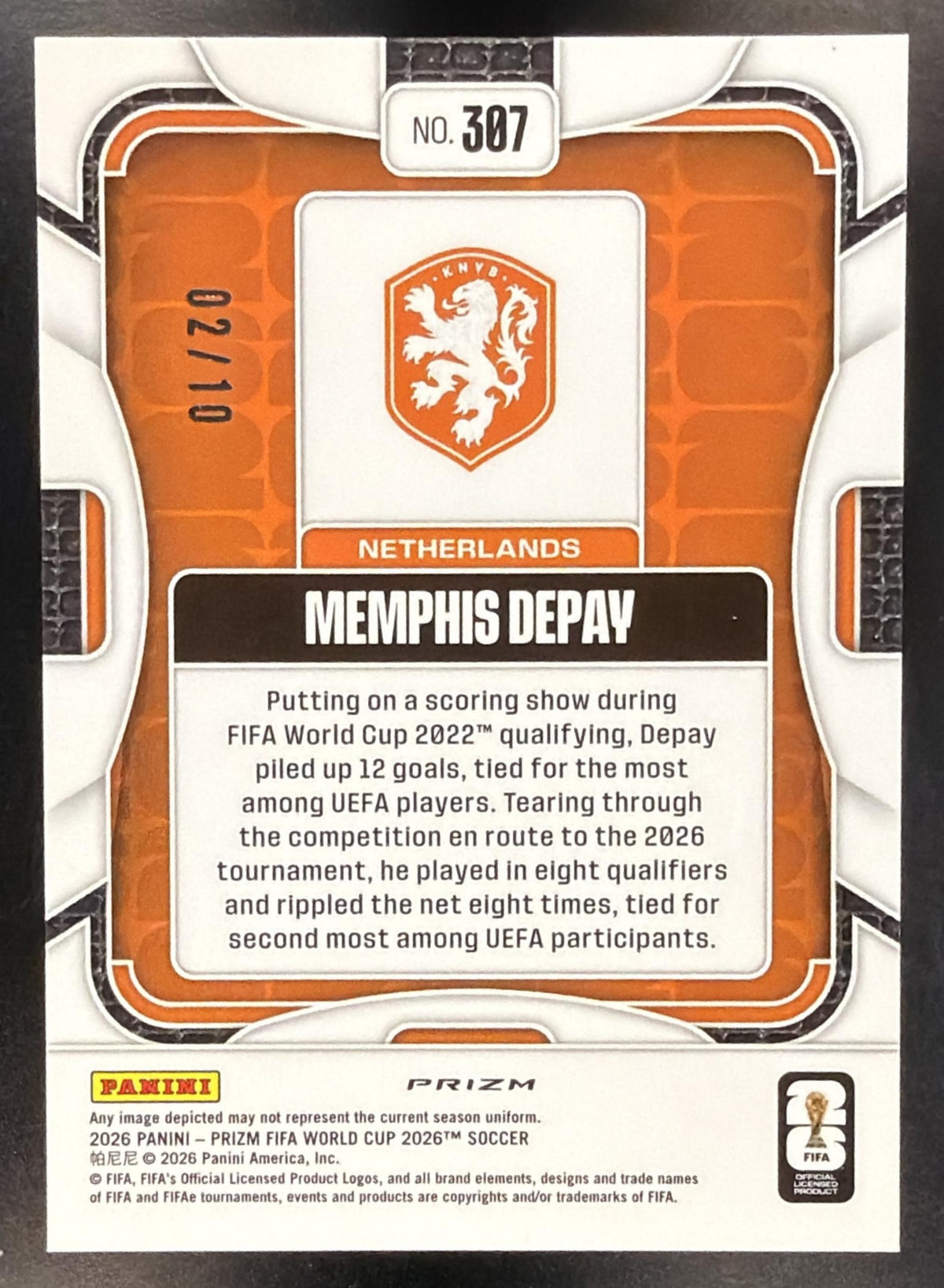 2026 Panini Prizm Fifa World Cup Memphis Depay #307 Gold 02/10